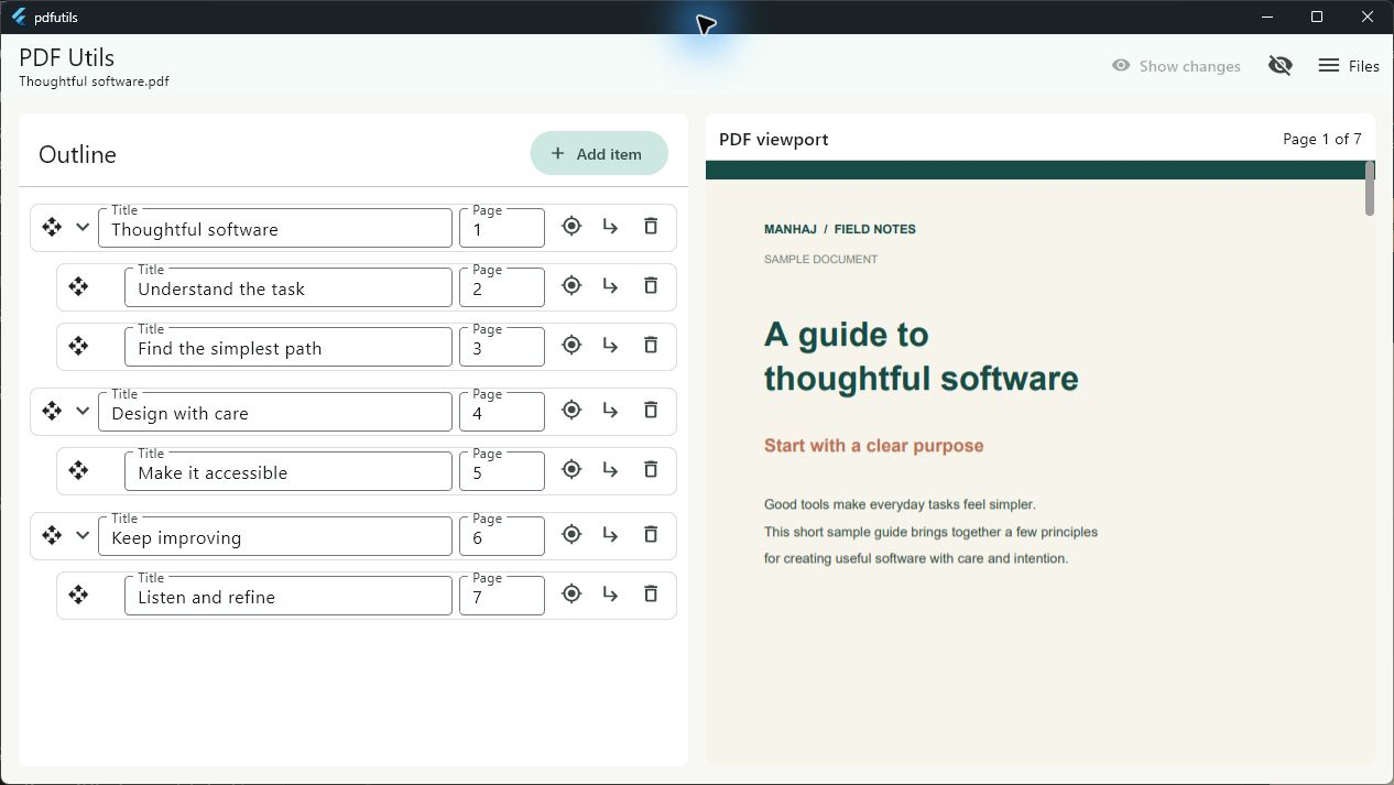 PdfUtils showing nested bookmarks and page numbers beside a preview of a sample PDF.