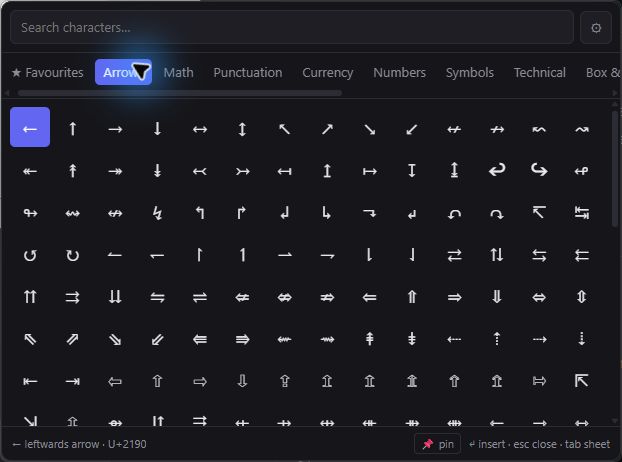 Unicodifier’s arrow character palette, with category tabs, search, and Unicode character details.
